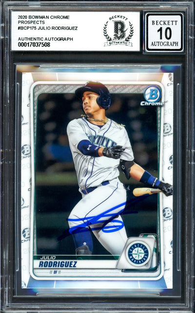 Julio Rodriguez Autographed 2020 Bowman Chrome Rookie Card #BCP175 Seattle Mariners Auto Grade Gem Mint 10 Beckett BAS #17037508