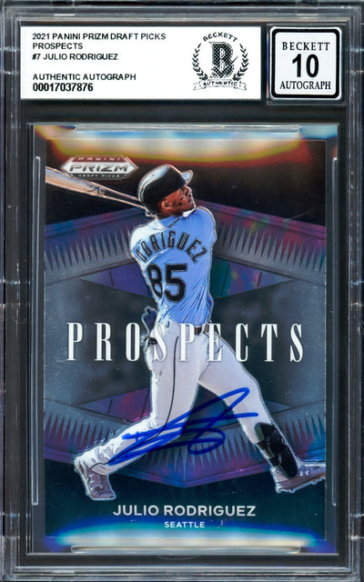 Julio Rodriguez Autographed 2021 Panini Prizm Prospects Rookie Card #P-JR Seattle Mariners Auto Grade Gem Mint 10 Beckett BAS #17037876
