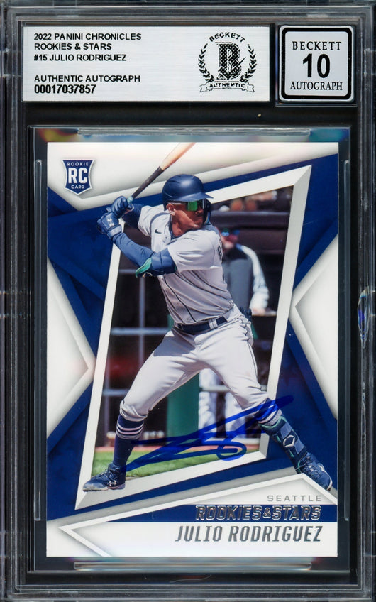 Julio Rodriguez Autographed 2022 Panini Rookies & Stars Rookie Card #15 Seattle Mariners Auto Grade Gem Mint 10 Beckett BAS #17037857