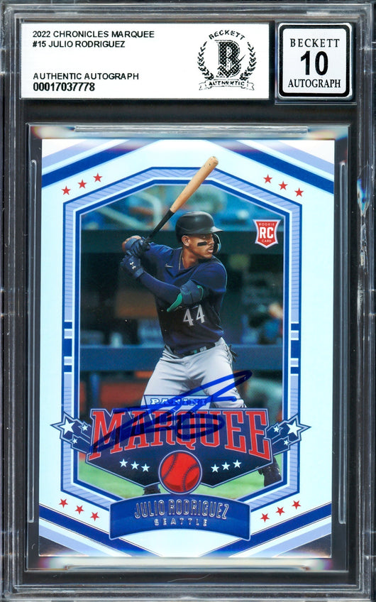 Julio Rodriguez Autographed 2022 Panini Marquee Rookie Card #15 Seattle Mariners Auto Grade Gem Mint 10 Beckett BAS #17037778