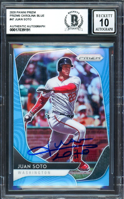 Juan Soto Autographed 2020 Panini Prizm Carolina Blue Card #47 New York Yankees Auto Grade Gem Mint 10 Beckett BAS #17039191