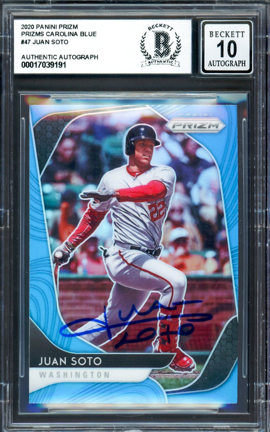 Juan Soto Autographed 2020 Panini Prizm Carolina Blue Card #47 New York Yankees Auto Grade Gem Mint 10 Beckett BAS #17039191
