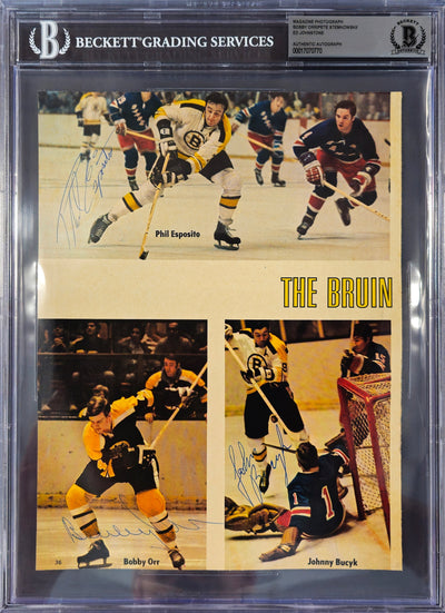 Bobby Orr, Phil Esposito & Johnny Bucyk Autographed 8x10 Magazine Page Photo Boston Bruins Beckett BAS #17070770