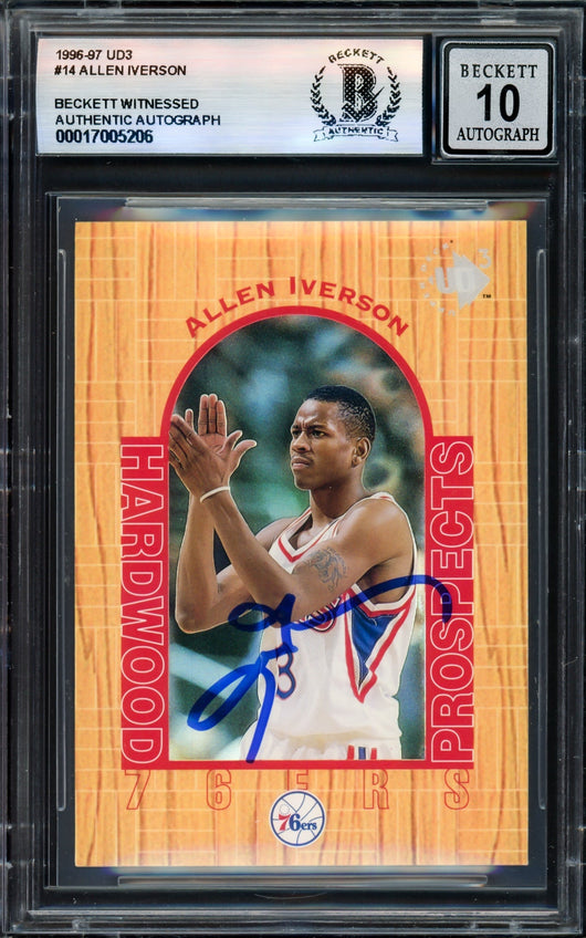Allen Iverson Autographed 1996-97 UD3 Rookie Card #14 Card Philadelphia 76ers Auto Grade Gem Mint 10 Beckett BAS Witness