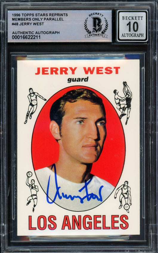 Jerry West Autographed 1996 Topps Stars Reprints Members Only Parallel Card #48 Card Los Angeles Lakers Auto Grade Gem Mint 10 Beckett BAS