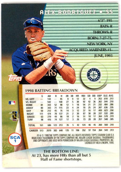 Alex Rodriguez Autographed 1999 Stadium Club Card #SCA1 Seattle Mariners SKU #116474