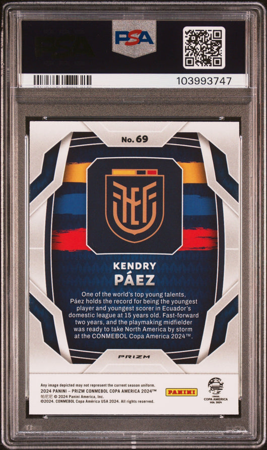 2024 Panini Prizm Conmebol Copa America Zebra Prizm Kendry Paez #69 PSA 9