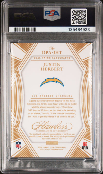 2024 Panini Flawless Dual Patch Autograph Sapphire Justin Herbert #DPA-JHT /10 PSA 8