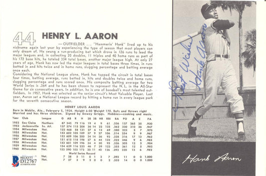Hank Aaron Autographed 5x8 Magazine Page Photo Milwaukee Braves "Best Wishes" Vintage Playing Days Signature Beckett BAS #D12767