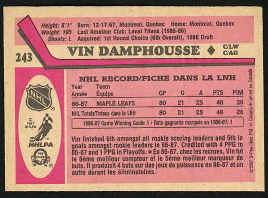 Vin Damphousse Autographed 1987-88 O-Pee-Chee Rookie Card #243 Toronto Maple Leafs SKU #150174