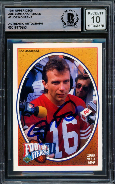 Joe Montana Autographed 1991 Upper Deck Heroes Card #6 San Francisco 49ers Auto Grade Gem Mint 10 Beckett BAS Stock #220760