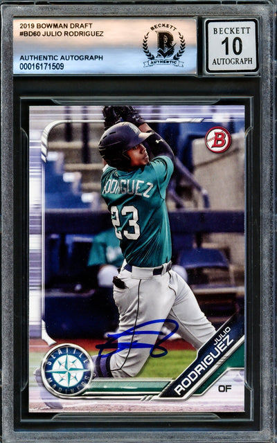Julio Rodriguez Autographed 2019 Bowman Draft Rookie Card #BD60 Seattle Mariners Auto Grade Gem Mint 10 Beckett BAS Stock #220784