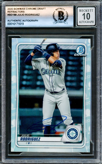 Julio Rodriguez Autographed 2020 Bowman Chrome Draft Refractors Card #BD188 Seattle Mariners Auto Grade Gem Mint 10 Beckett BAS Stock #220786