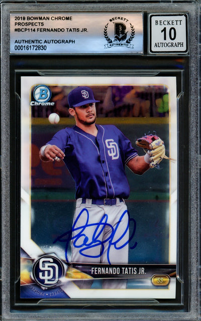 Fernando Tatis Jr. Autographed 2018 Bowman Chrome Prospects Card #BCP114 San Diego Padres Auto Grade Gem Mint 10 Beckett BAS Stock #220804