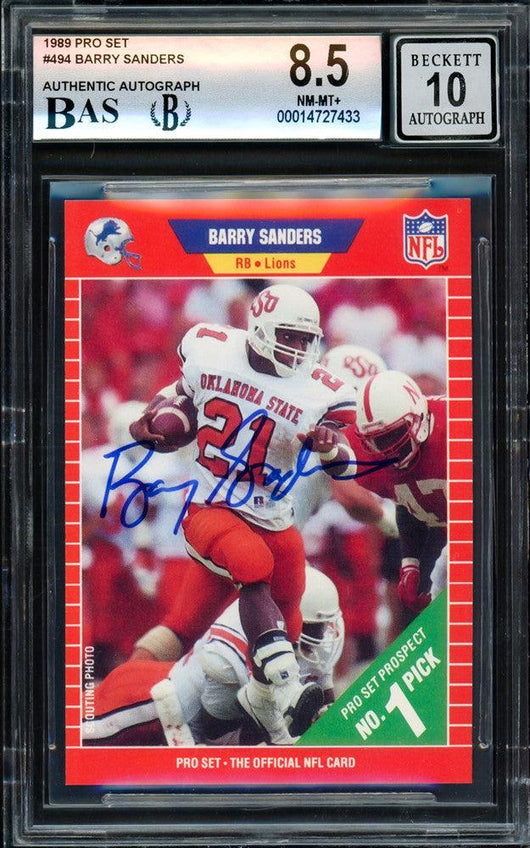 Barry Sanders Autographed 1989 Pro Set Rookie Card #494 Detroit Lions BGS 8.5 Auto Grade Gem Mint 10 Beckett BAS Stock #209303