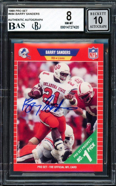 Barry Sanders Autographed 1989 Pro Set Rookie Card #494 Detroit Lions BGS 8 Auto Grade Gem Mint 10 Beckett BAS Stock #209304