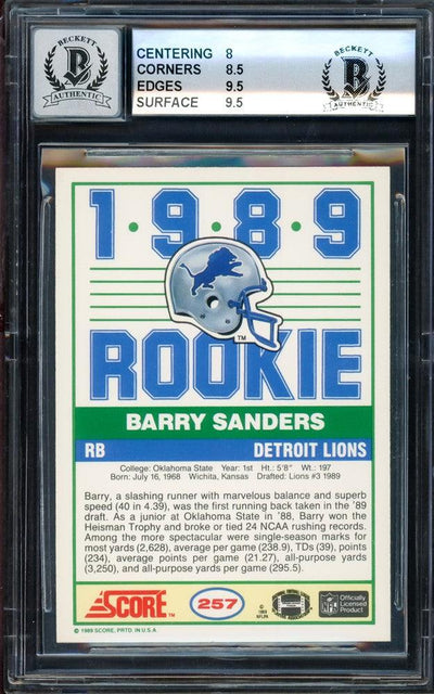 Barry Sanders Autographed 1989 Score Rookie Card #257 Detroit Lions BGS 8.5 Auto Grade Gem Mint 10 Beckett BAS Stock #209308