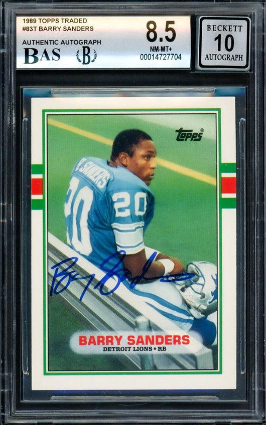 Barry Sanders Autographed 1989 Topps Traded Rookie Card #83T Detroit Lions BGS 8.5 Auto Grade Gem Mint 10 Beckett BAS Stock #209317