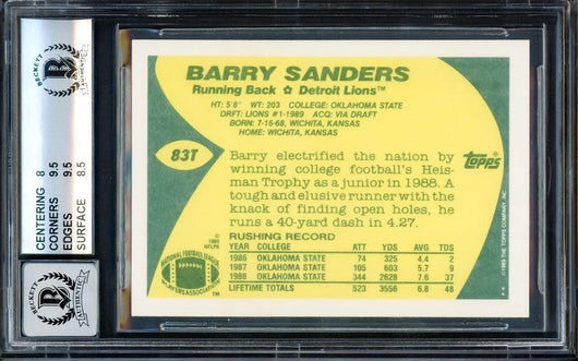 Barry Sanders Autographed 1989 Topps Traded Rookie Card #83T Detroit Lions BGS 8.5 Auto Grade Gem Mint 10 Beckett BAS Stock #209317