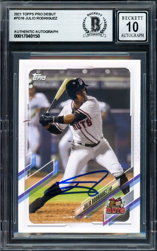 Julio Rodriguez Autographed 2021 Topps Pro Debut Rookie Card #PD18 Seattle Mariners Auto Grade Gem Mint 10 Beckett BAS #17040150