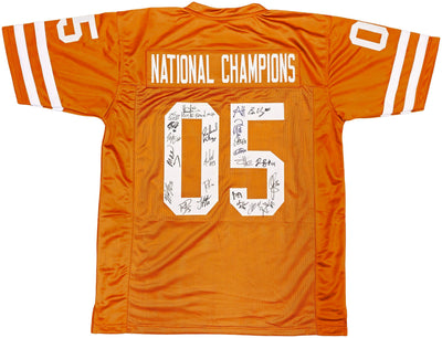 2005 CFB National Champions Texas Longhorns Autographed Orange Jersey With 24 Signatures Including Vince Young Beckett BAS QR