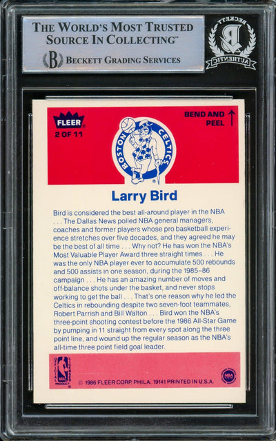 Larry Bird Autographed 1986-87 Fleer Sticker Card #2 Boston Celtics Beckett BAS #14612406