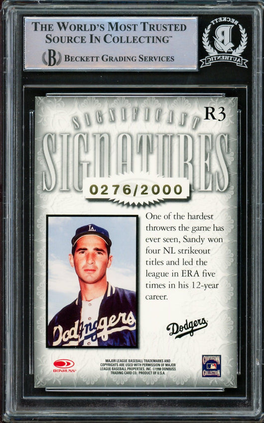 Sandy Koufax Autographed 1998 Donruss Significant Signatures Card #R3 Los Angeles Dodgers #276/2000 Beckett BAS #14612535