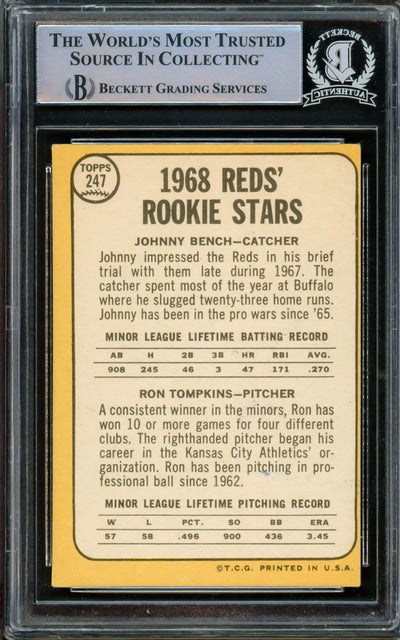 Johnny Bench Autographed 1968 Topps Rookie Card #247 Cincinnati Reds Beckett BAS #14862532