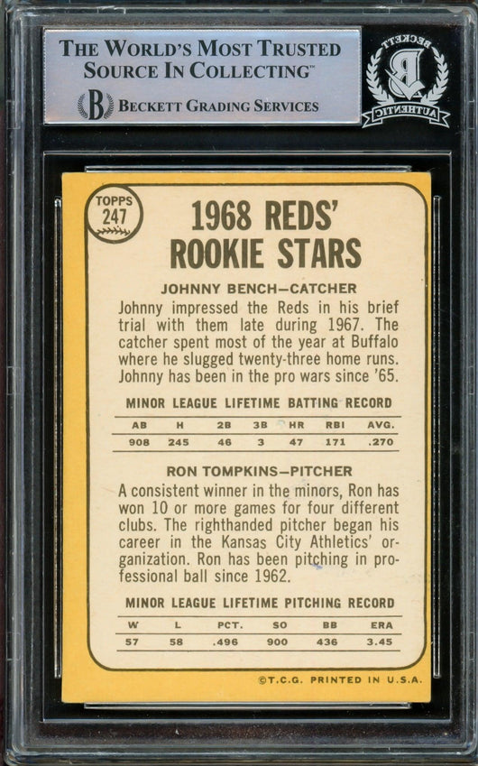 Johnny Bench Autographed 1968 Topps Rookie Card #247 Cincinnati Reds Beckett BAS #14862532