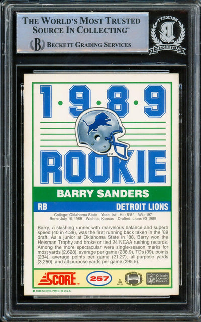 Barry Sanders Autographed 1989 Score Rookie Card #257 Detroit Lions Beckett BAS #14862895