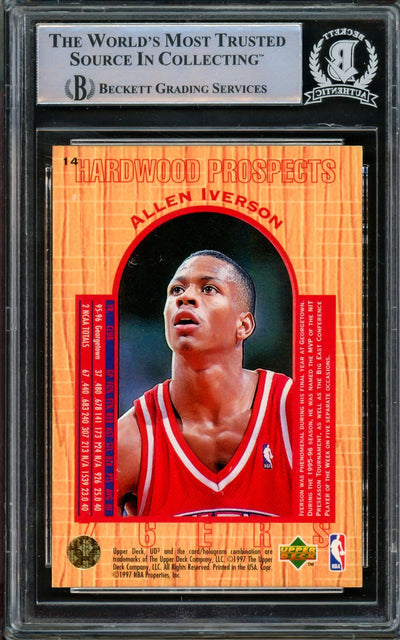 Allen Iverson Autographed 1996-97 UD3 Hardwood Prospects Rookie Card #14 Philadelphia 76ers Beckett BAS #14863452