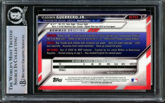 Vladimir Guerrero Jr. Autographed 2016 Bowman Chrome Prospects Rookie Card #BCP55 Toronto Blue Jays Beckett BAS #14863470