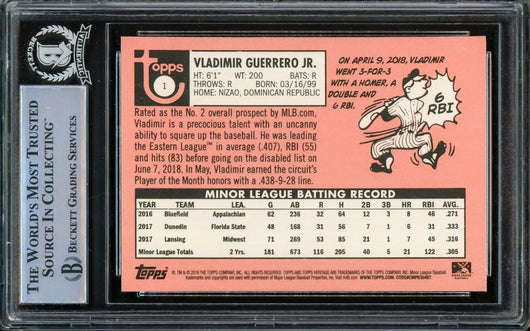 Vladimir Guerrero Jr. Autographed 2018 Topps Heritage Minor League Rookie Card #1 Toronto Blue Jays Beckett BAS #14866205