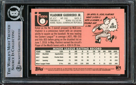 Vladimir Guerrero Jr. Autographed 2018 Topps Heritage Minor League Rookie Card #1 Toronto Blue Jays Beckett BAS #14866206