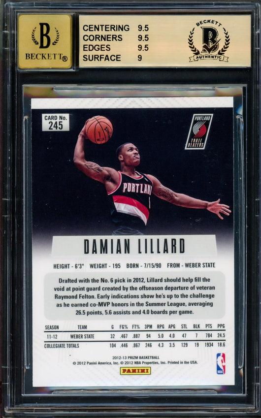 Damian Lillard Autographed 2012-13 Panini Prizm Rookie Card #245 Portland Trail Blazers BGS 9.5 Auto Grade Gem Mint 10 Beckett BAS #14323934