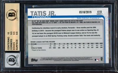 Fernando Tatis Jr. Autographed 2019 Topps Gold Rookie Card #410 San Diego Padres BGS 9.5 Auto Grade Gem Mint 10 Beckett BAS #14984831