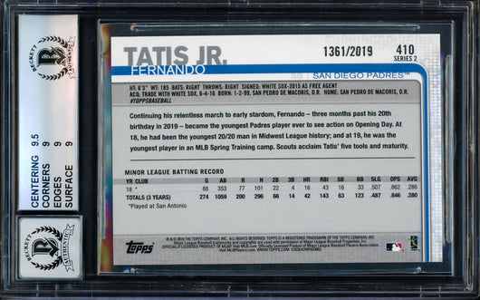 Fernando Tatis Jr. Autographed 2019 Topps Gold Rookie Card #410 San Diego Padres BGS 9 Auto Grade Gem Mint 10 Beckett BAS #14323870