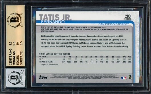 Fernando Tatis Jr. Autographed 2019 Topps Chrome Prizm Refractors Rookie Card #203 San Diego Padres BGS 9.5 Auto Grade Gem Mint 10 Beckett BAS #14984828