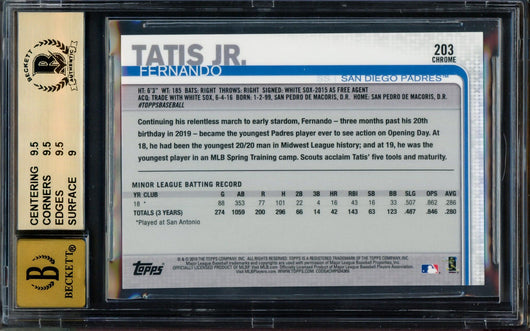 Fernando Tatis Jr. Autographed 2019 Topps Chrome Rookie Card #203 San Diego Padres BGS 9.5 Auto Grade Gem Mint 10 Beckett BAS #14323868
