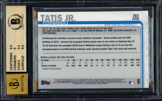 Fernando Tatis Jr. Autographed 2019 Topps Chrome Rookie Card #203 San Diego Padres BGS 9.5 Auto Grade Gem Mint 10 Beckett BAS #14323906
