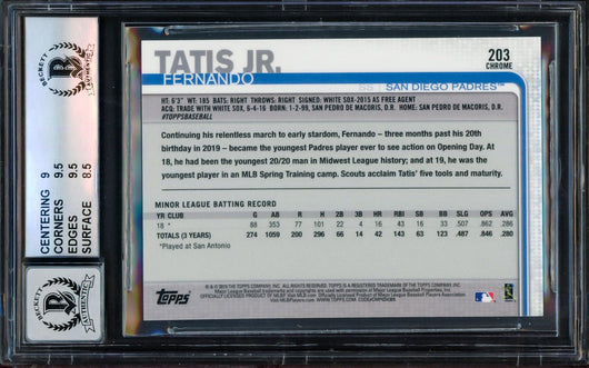 Fernando Tatis Jr. Autographed 2019 Topps Chrome Rookie Card #203 San Diego Padres BGS 9 Auto Grade Gem Mint 10 Beckett BAS #14323907