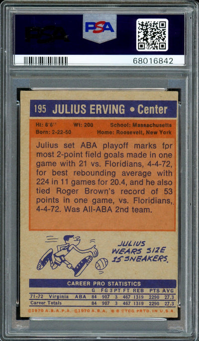 Julius Dr. J Erving Autographed 1972 Topps Rookie Card #195 PSA 5 Auto Grade Gem Mint 10 PSA/DNA #68016842