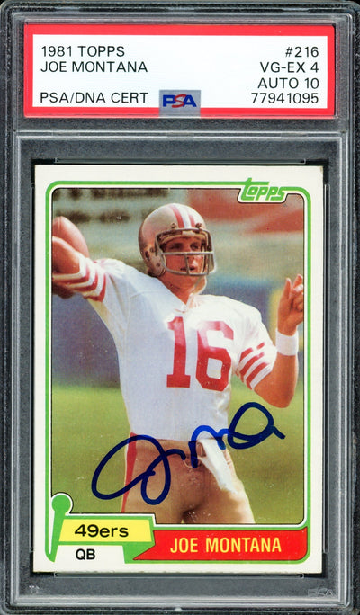 Joe Montana Autographed 1981 Topps Rookie Card #216 San Francisco 49ers PSA 4 Auto Grade Gem Mint 10 PSA/DNA #77941095