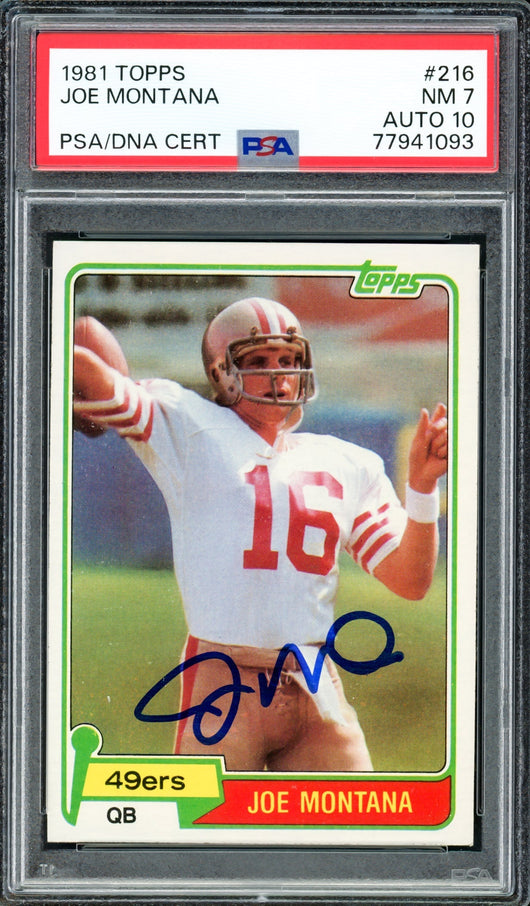 Joe Montana Autographed 1981 Topps Rookie Card #216 San Francisco 49ers PSA 7 Auto Grade Gem Mint 10 PSA/DNA #77941093