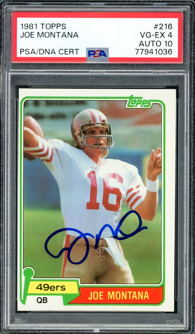Joe Montana Autographed 1981 Topps Rookie Card #216 San Francisco 49ers PSA 4 Auto Grade Gem Mint 10 PSA/DNA #77941036