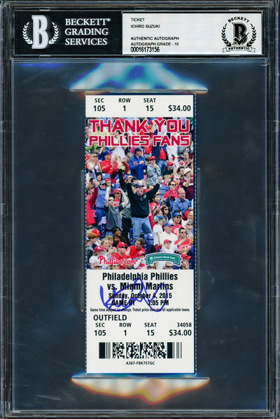 Ichiro Suzuki Autographed October 4th, 2015 MLB Pitching Debut Ticket Seattle Mariners Auto Grade Gem Mint 10 Beckett BAS #16173156