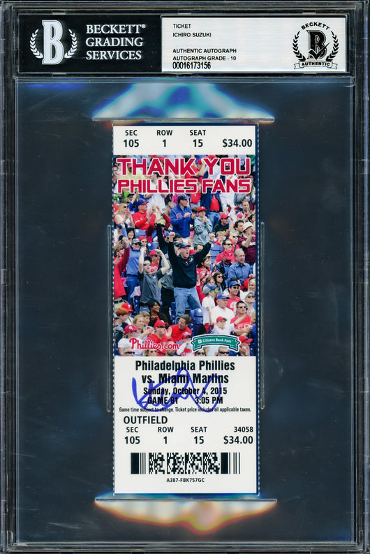 Ichiro Suzuki Autographed October 4th, 2015 MLB Pitching Debut Ticket Seattle Mariners Auto Grade Gem Mint 10 Beckett BAS #16173156