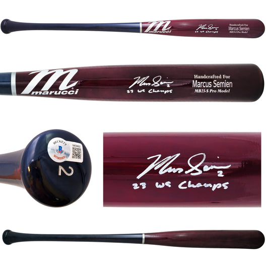 Marcus Semien Autographed Maroon/Navy Marucci Player Model Bat Texas Rangers "23 WS Champs" Beckett BAS Witness