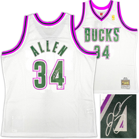 Milwaukee Bucks Ray Allen Autographed White Authentic Mitchell & Ness 1996-97 Ray Allen HWC Swingman Jersey Size XL Beckett BAS Witness