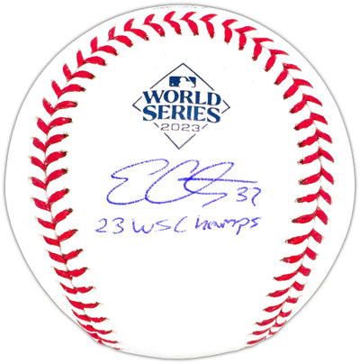 Evan Carter Autographed Official 2023 World Series Logo MLB Baseball Texas Rangers "23 WS Champs" Beckett BAS Witness